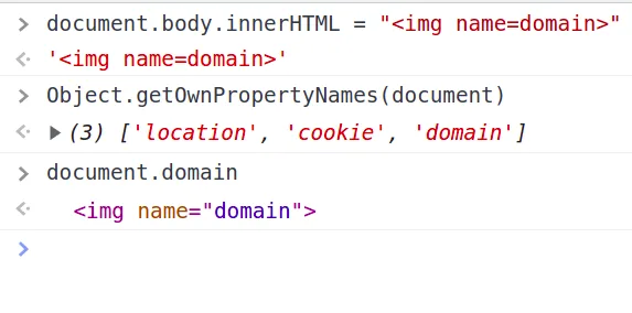 Clobbered values stored directly as own properties on document