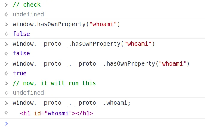 The prototype chain resolving window.whoami