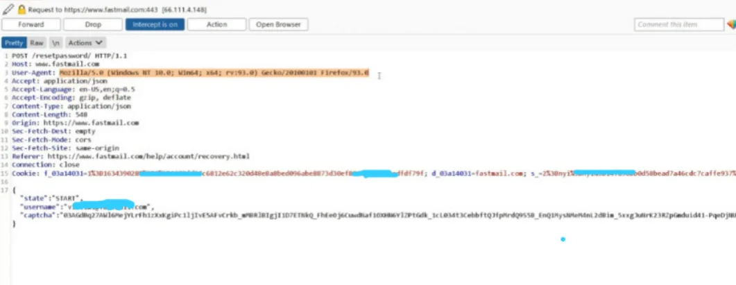 Burp Suite intercepting a POST /resetpassword/ request with the User-Agent header overwritten