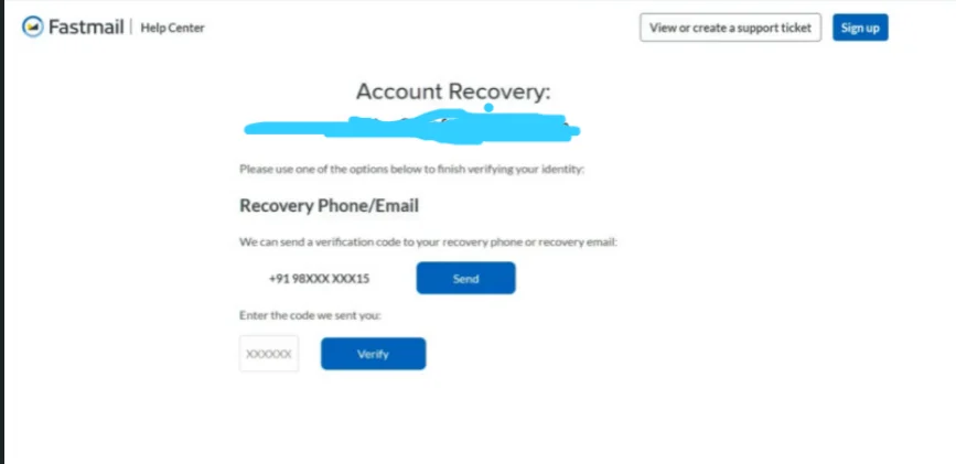 Fastmail's account recovery page asking for phone or email verification