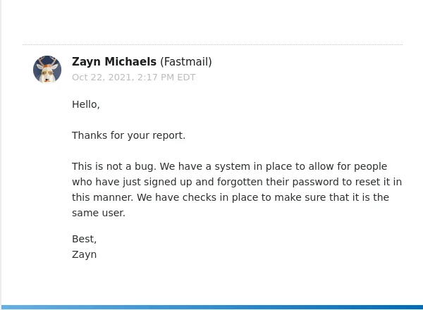 Fastmail's first response: "This is not a bug. We have a system in place..."
