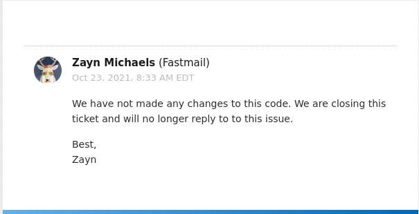Fastmail's final response closing the ticket and declining further replies