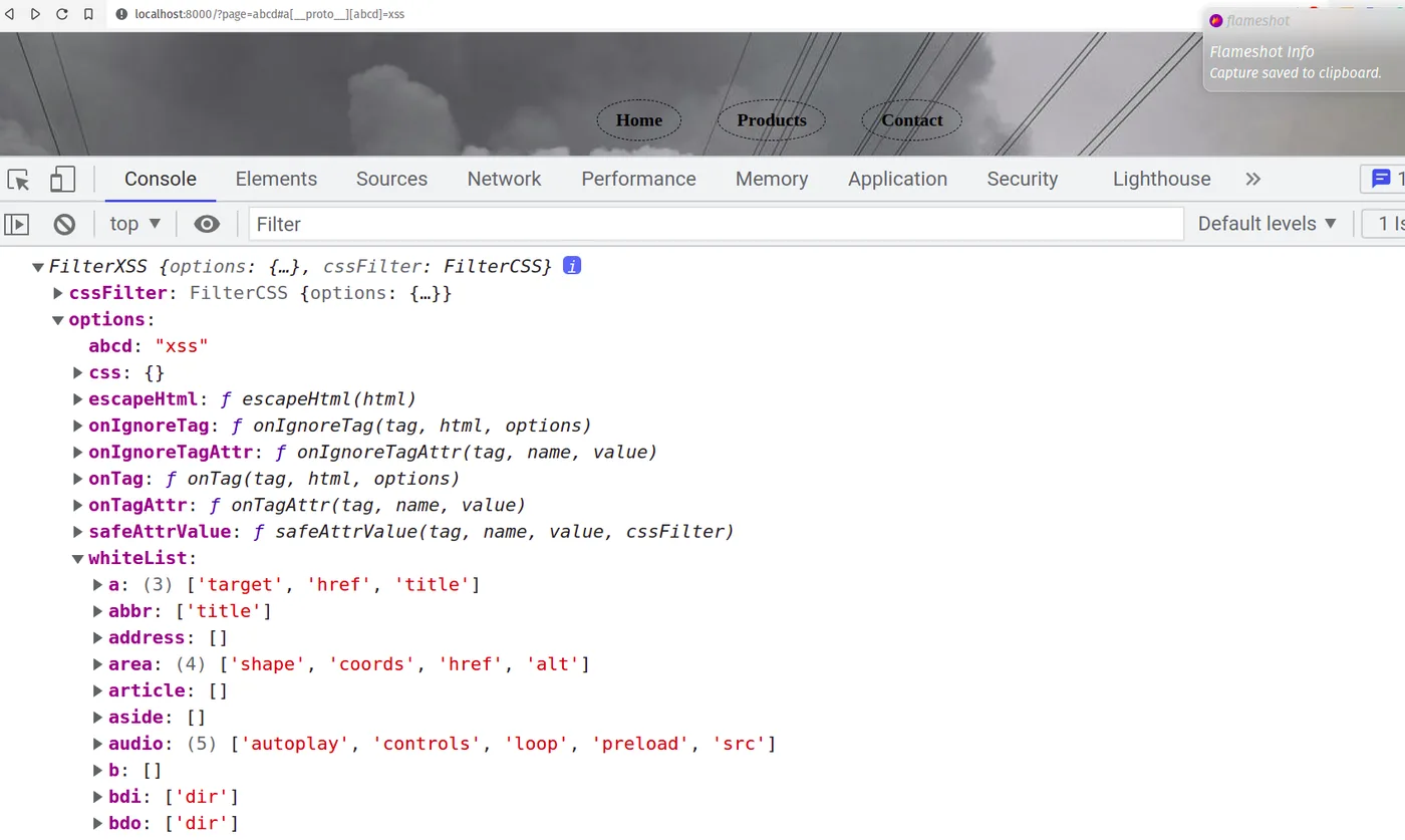 The polluted key visible on Object.prototype